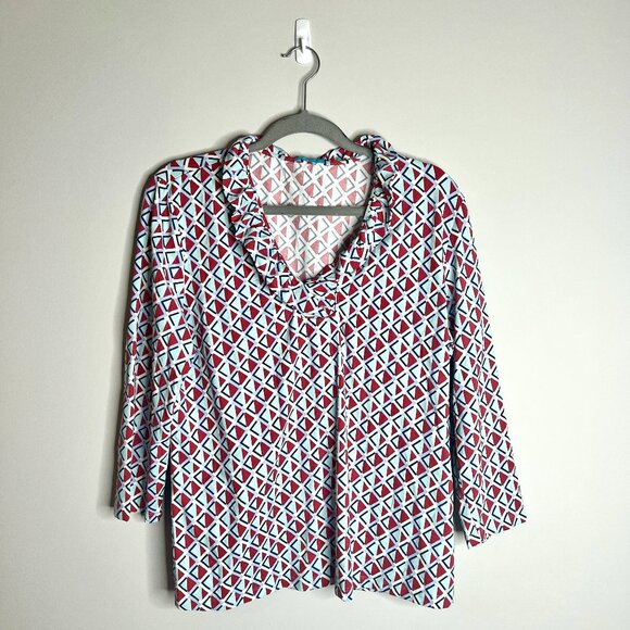 J.McLaughlin Durham Ruffle Top Geometric Print Catalina Cloth Ruffle Neck Sz XL - Picture 1 of 4